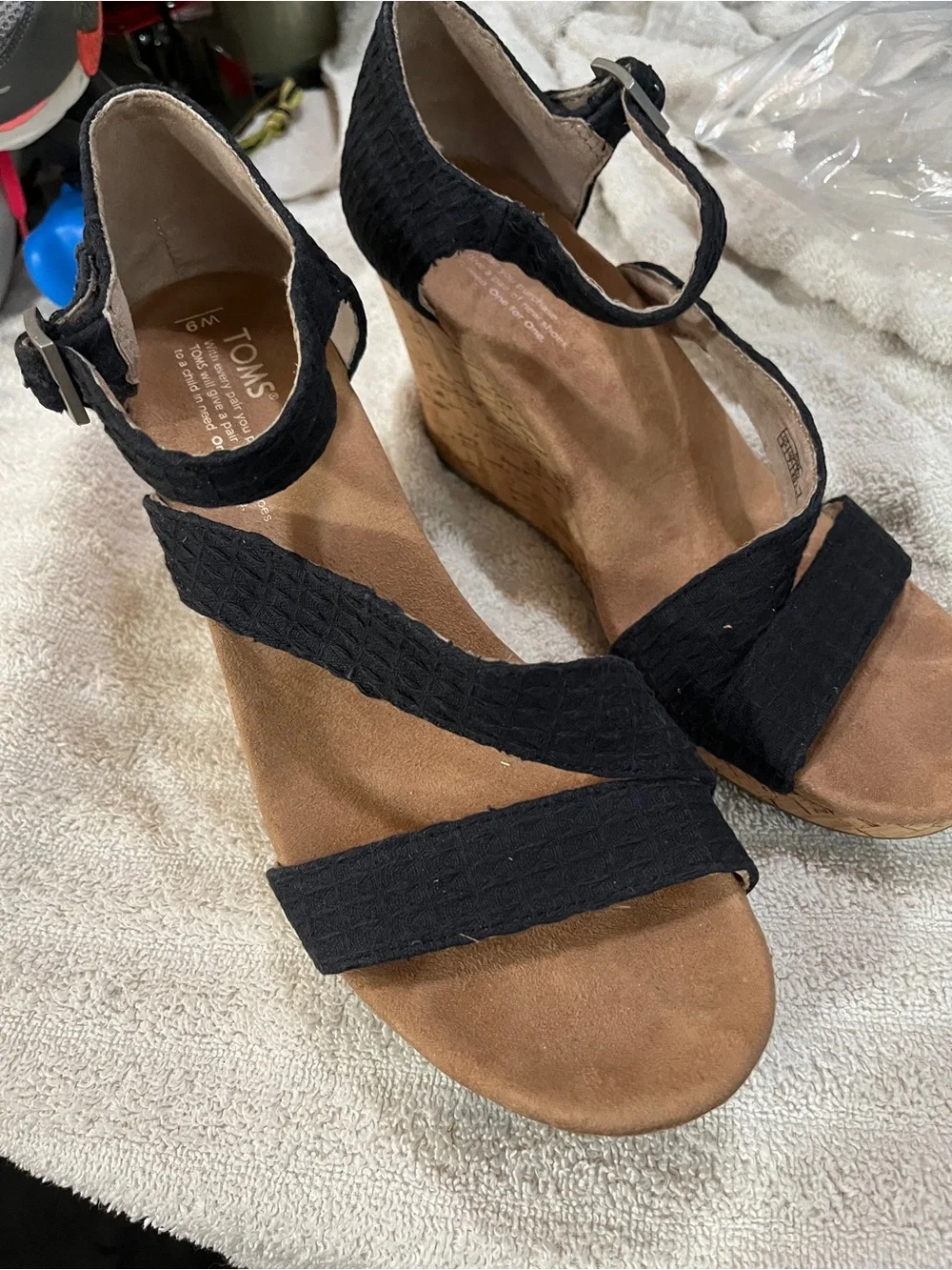 Toms Black Strappy Cork Wedge Sandals 6m